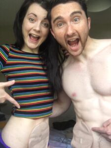 Amy and Ben, looking happy while posing with their ostomy bags out!