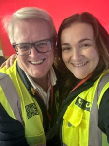 Rachel and Keith smile for a selfie at Cardiff airport stoma training!